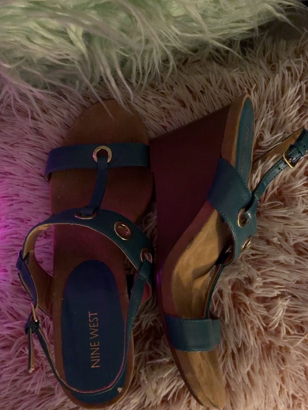 Nine West Teal Leather Wedge Sandals